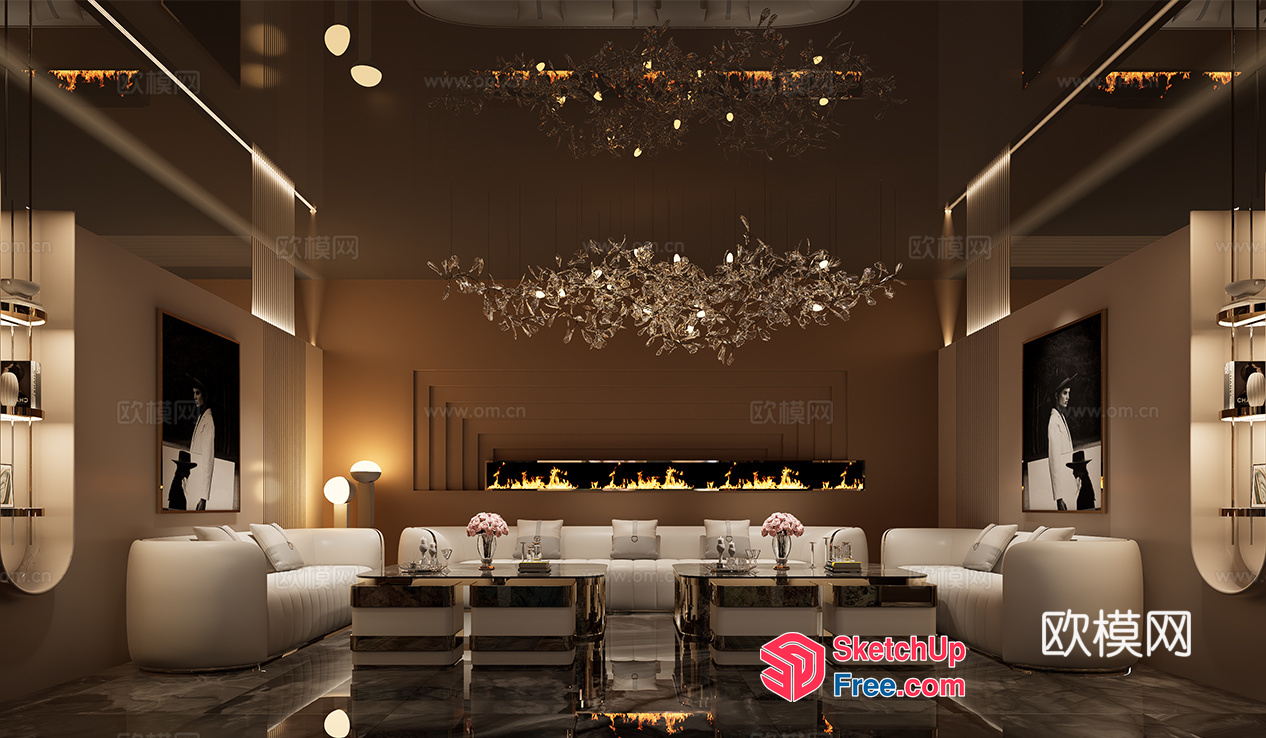 Luxurious Modern Living Room With Elegant Fireplace And Chandelier 3D SketchUp File