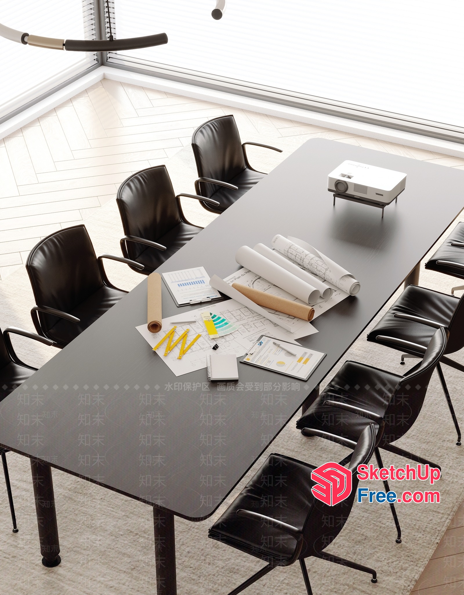 Office Meeting Room With Projector And Blueprints 3D SketchUp File