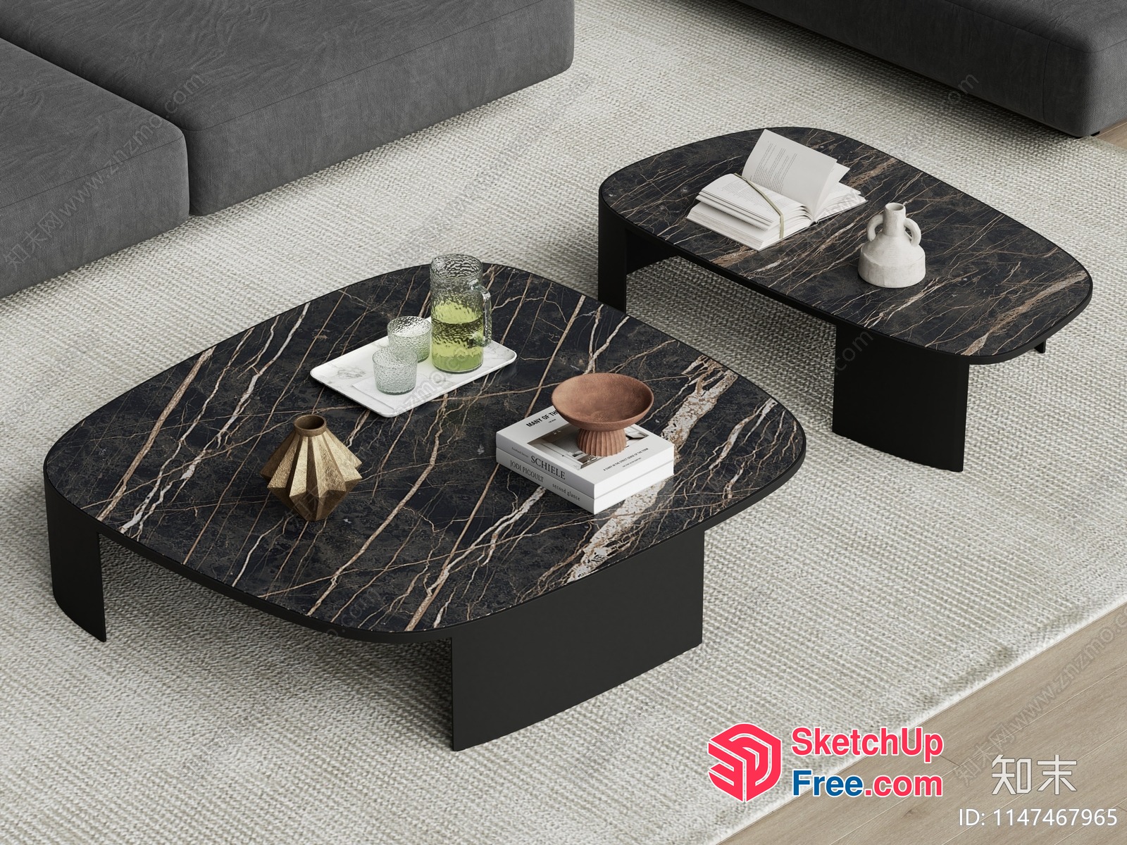 Modern Living Room Furniture Set With Marble Tables And Grey Couch 3D SketchUp File