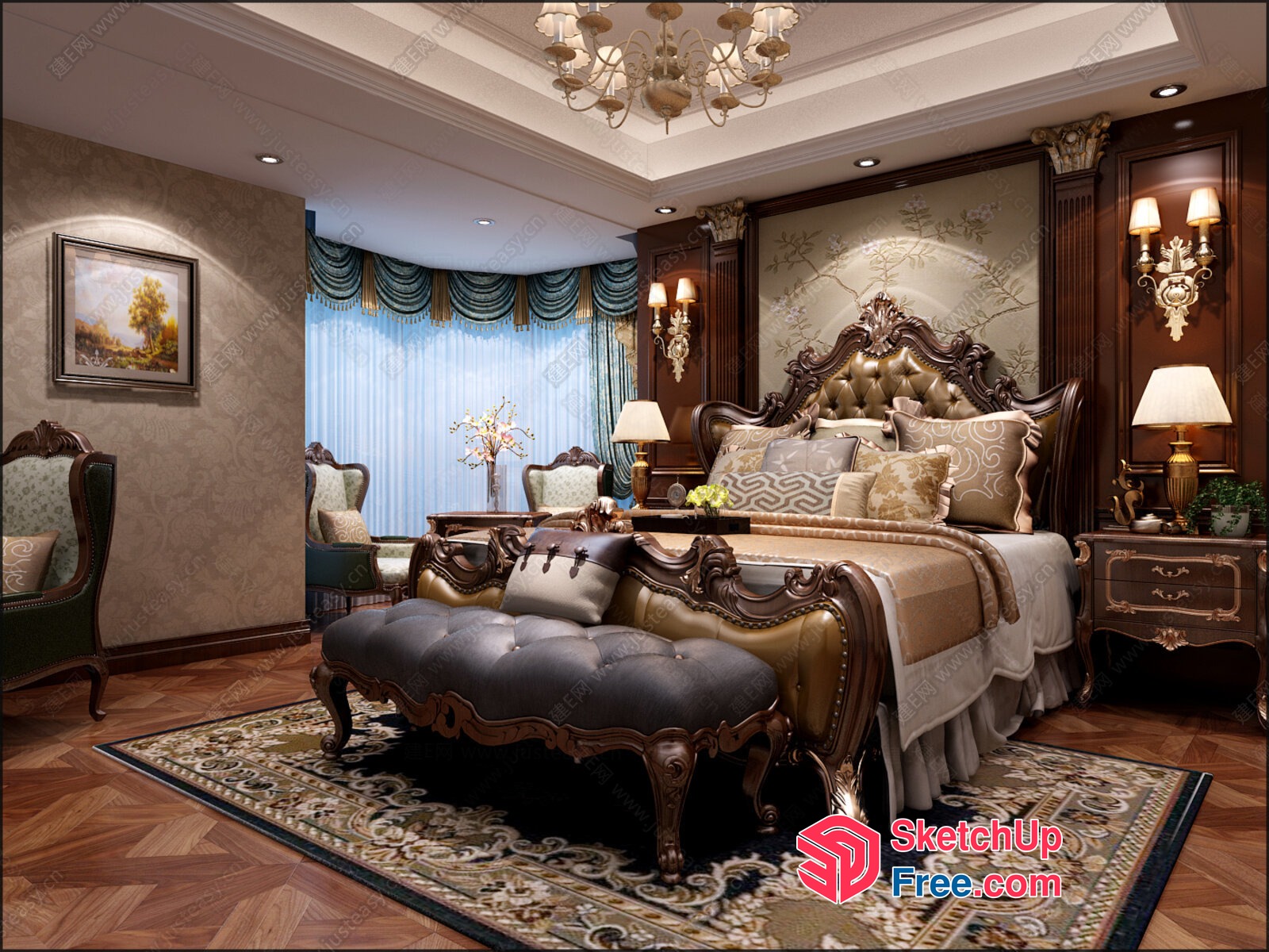 Ornate Bedroom With Rich Wood Accents And Luxurious Furniture 3D SketchUp File