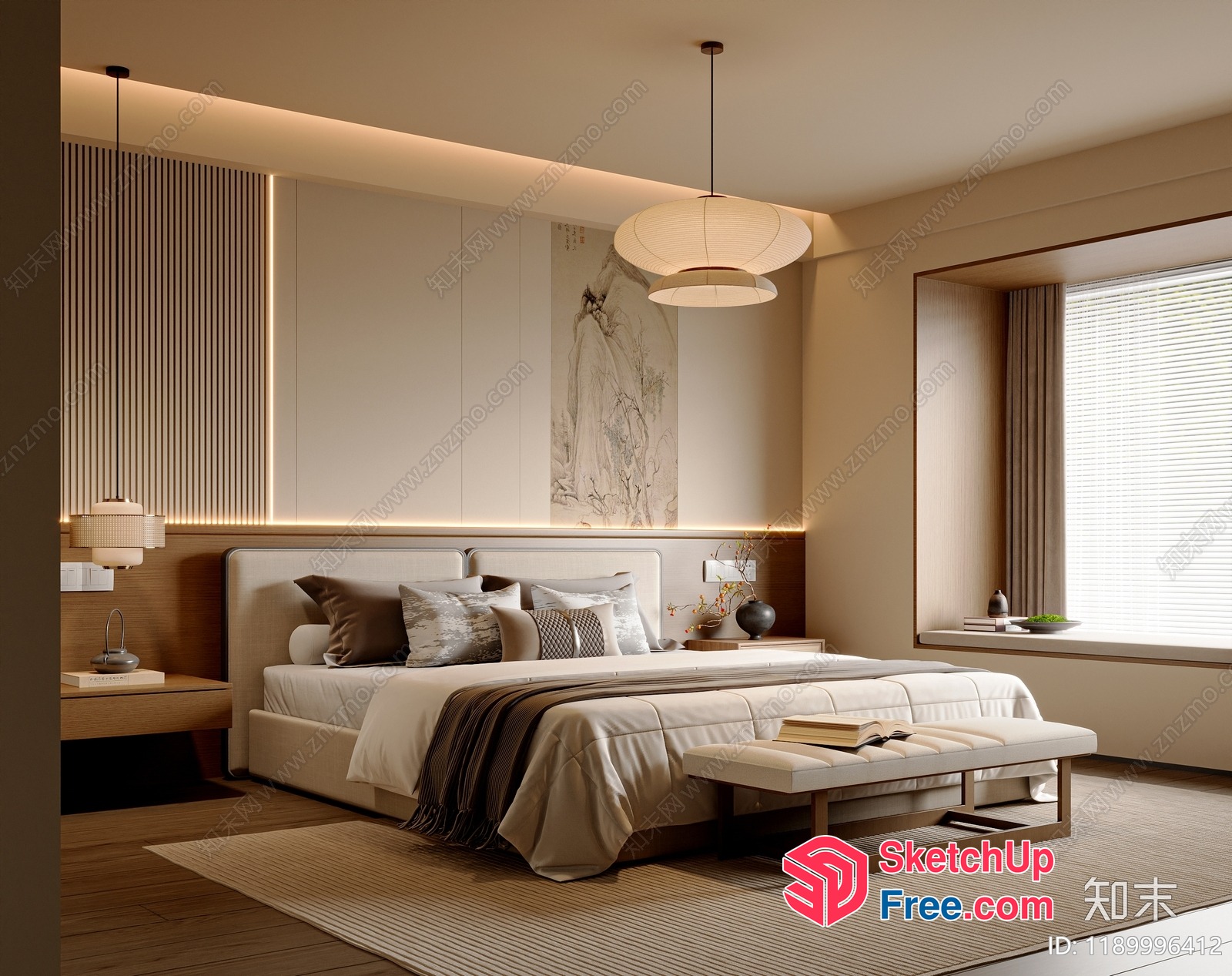 Modern Minimalist Bedroom With Creamy Style And Pillows 3D SketchUp File
