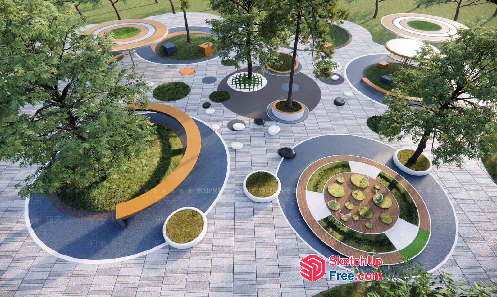 Modern Outdoor Seating Area With Unique Circular Designs And Greenery 3D SketchUp File