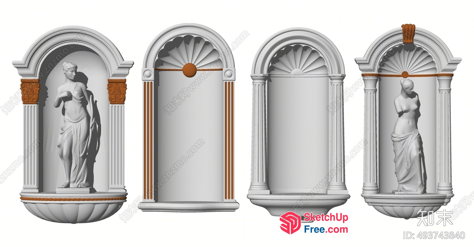 Classical White Marble Statues In Ornate Archway 3D SketchUp File