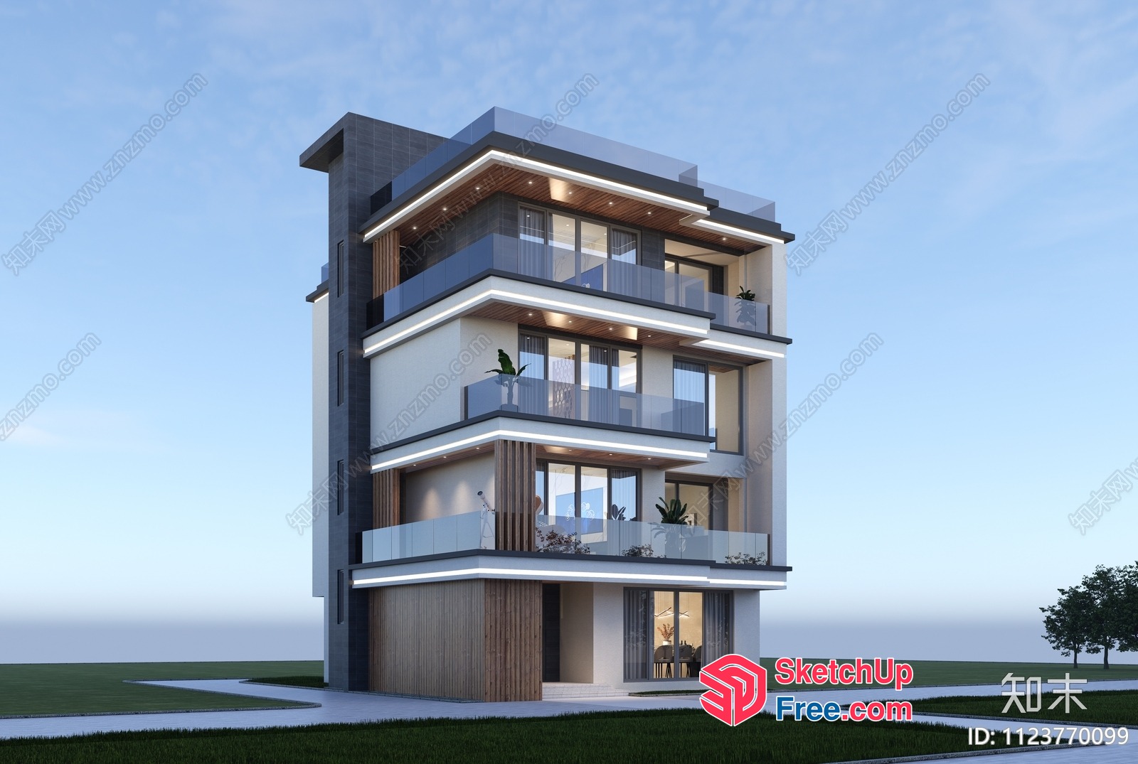 Modern 5-Story Apartment Building With Balconies 3D SketchUp File