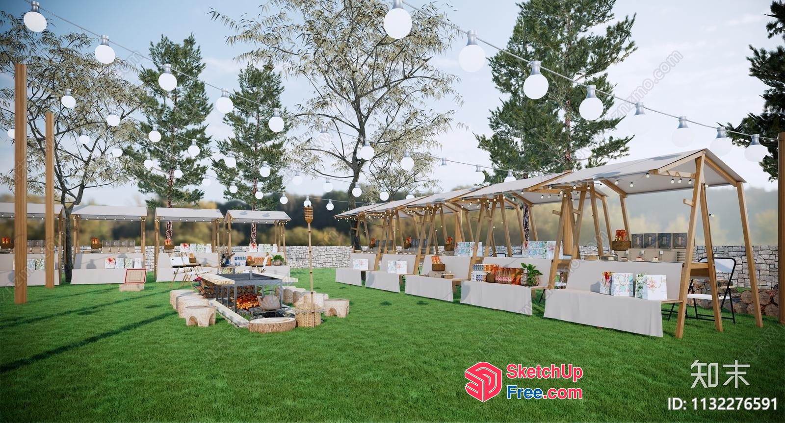Outdoor Party Gathering Area With White Lanterns And Tables 3D SketchUp File