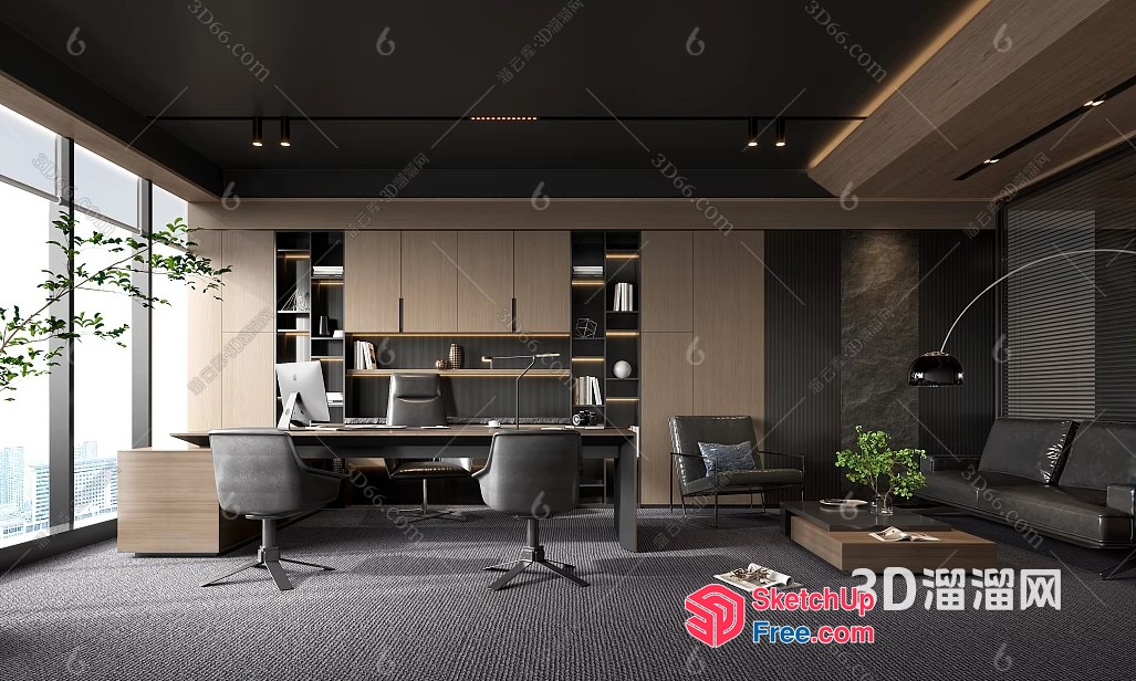 Modern Office Space With Large Windows And Bookshelves 3D SketchUp File