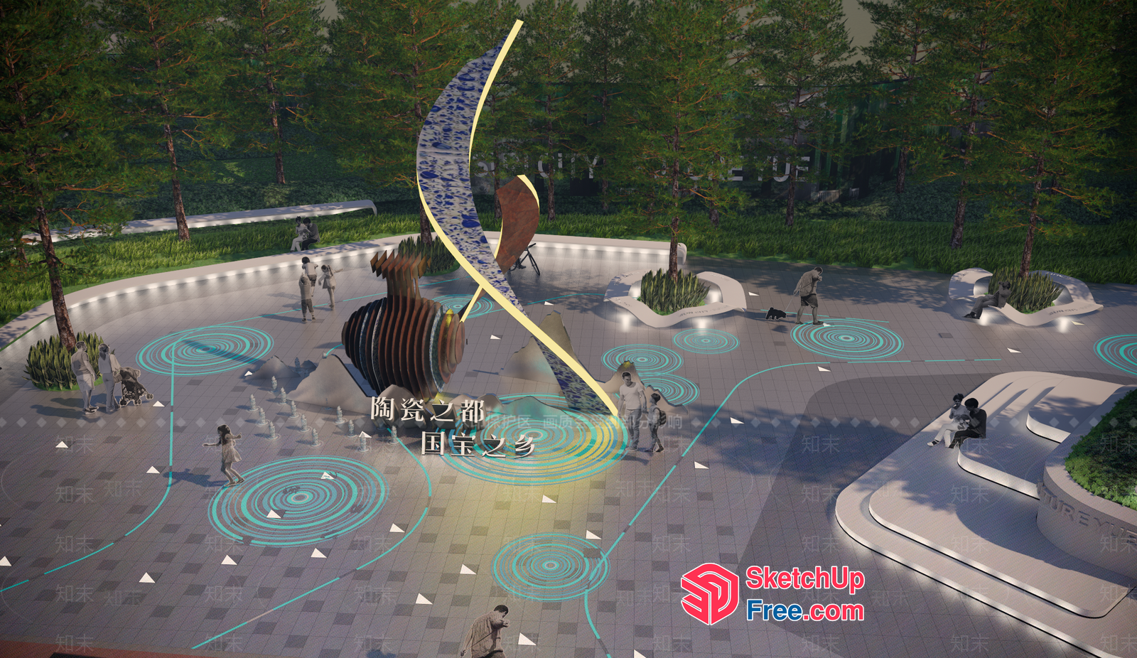 Modern Public Park With Unique Sculptures And Water Features 3D SketchUp File