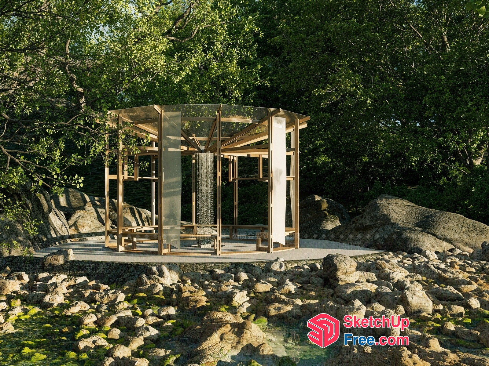 Modern Glass And Wood Pavilion In Natural Setting 3D SketchUp File