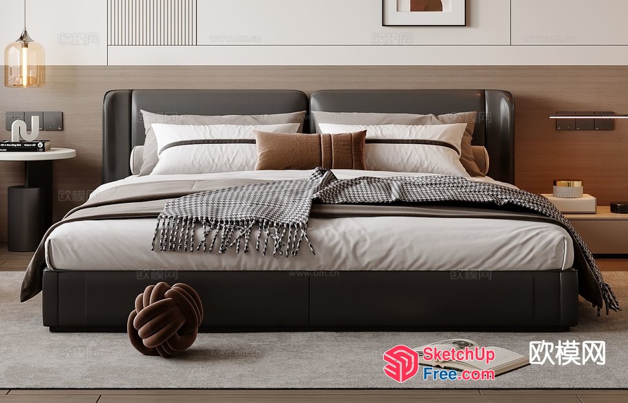 Modern Bedroom With White Bedding And Dark Leather Headboard 3D SketchUp File