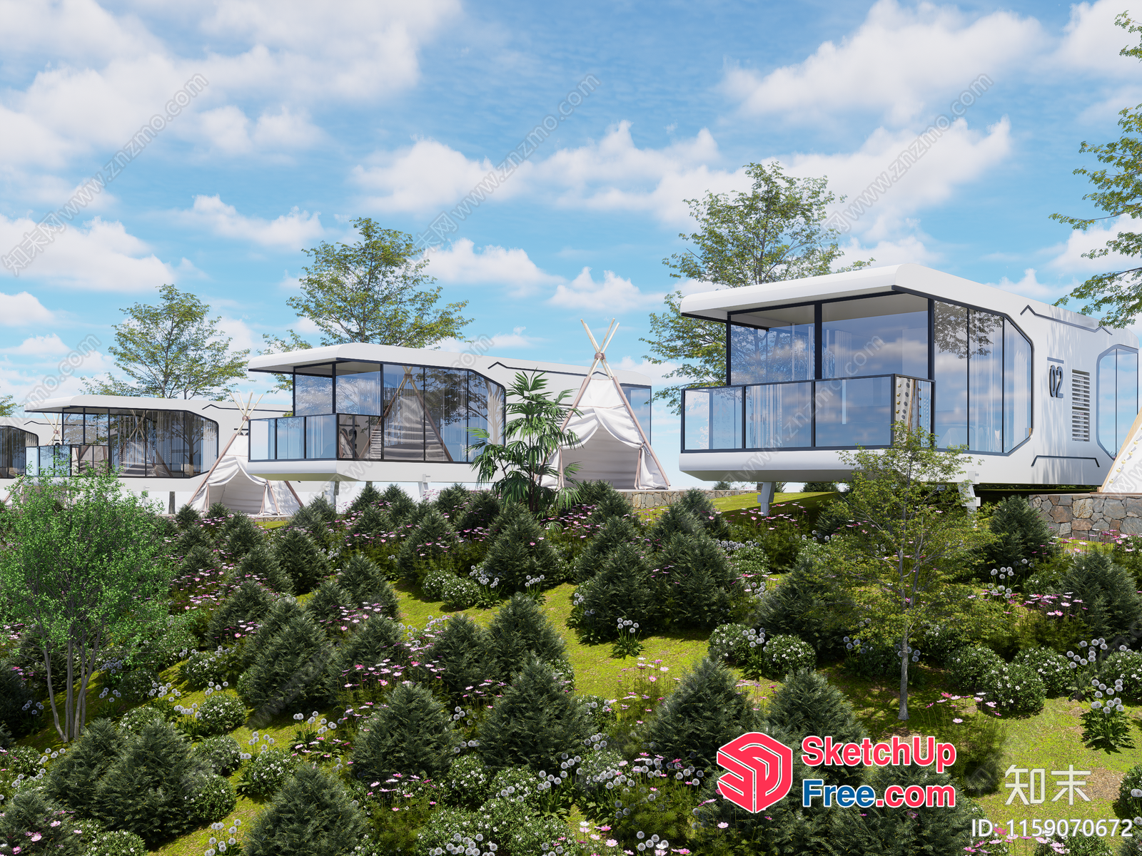 Futuristic Modern Villa Exterior With Glass Walls And Teepees 3D SketchUp File
