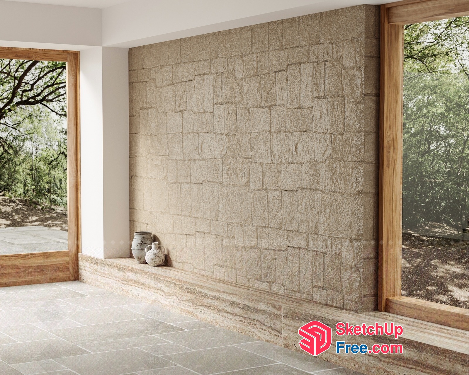 Natural Stone Wall With Wooden Frame And Windows 3D SketchUp File