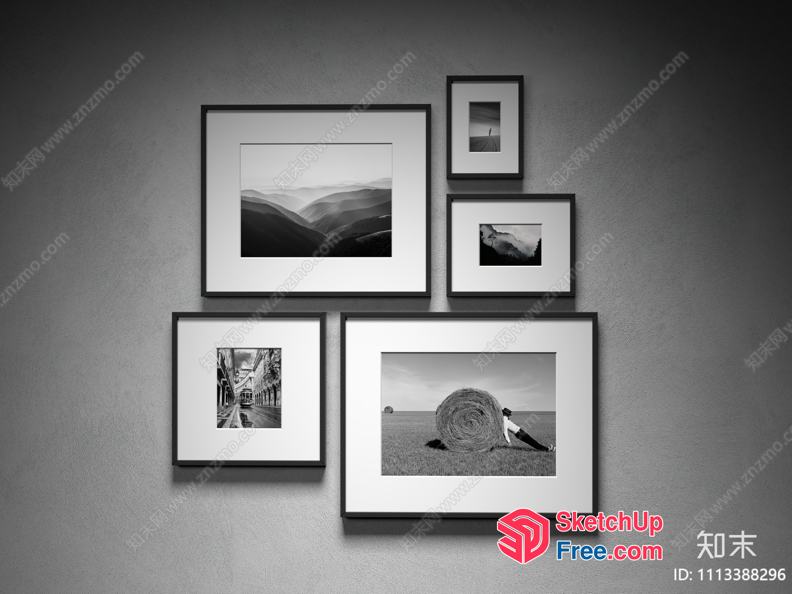 Five Framed Pictures On A Gray Wall 3D SketchUp File