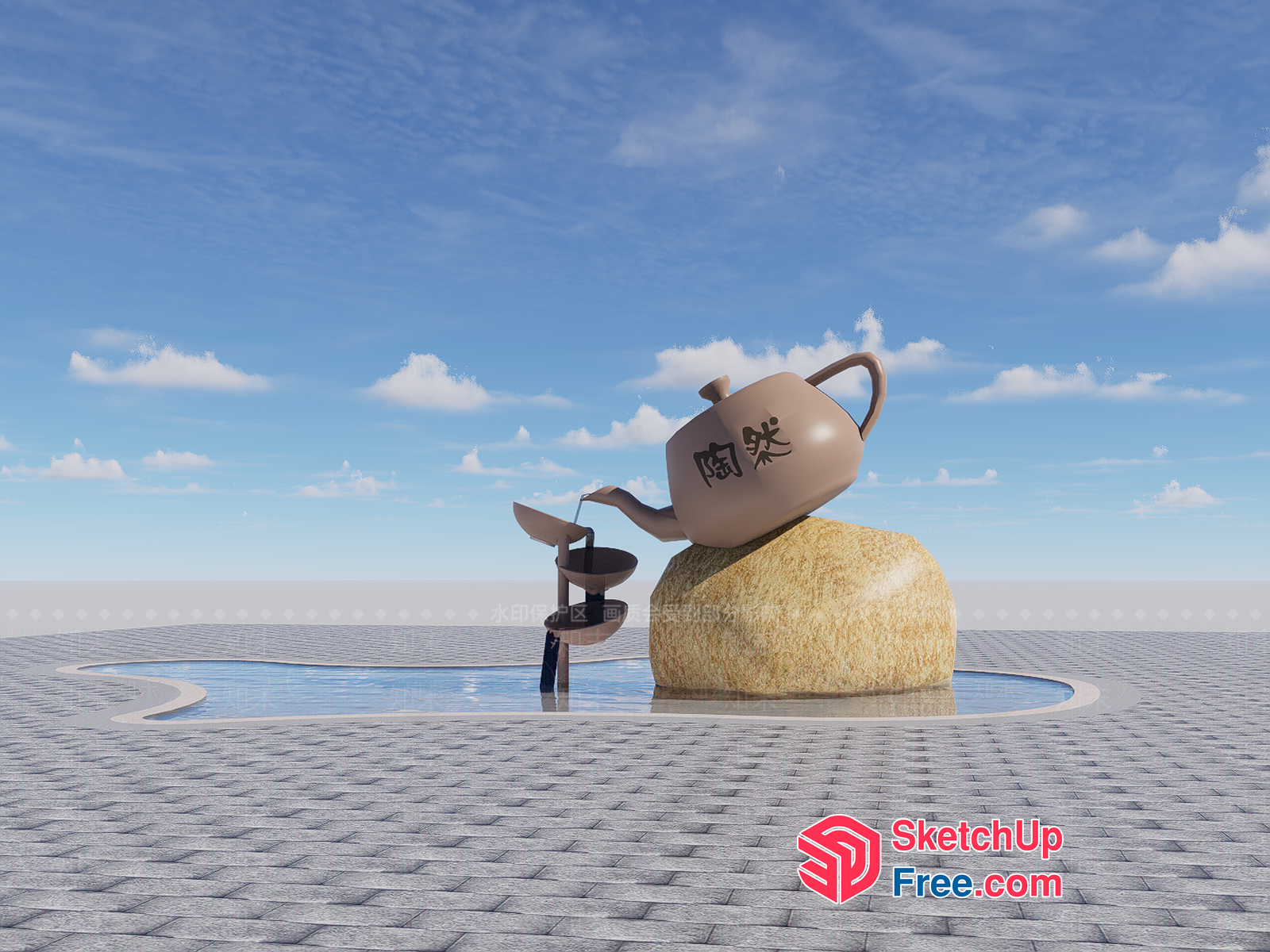 Unique Teapot Fountain Sculpture In A Serene Outdoor Setting 3D SketchUp File