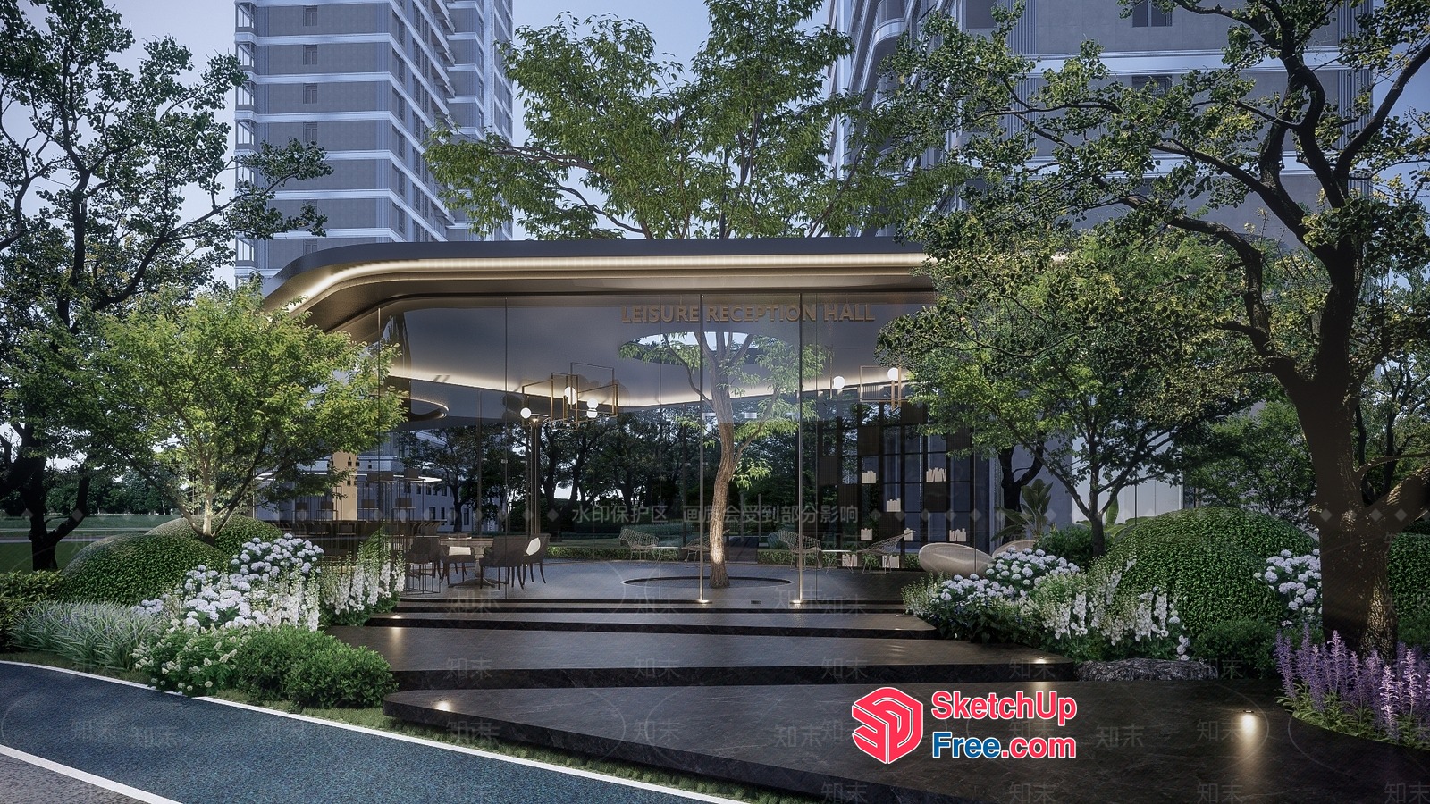 Modern Reception Area With Glass Walls And Trees 3D SketchUp File