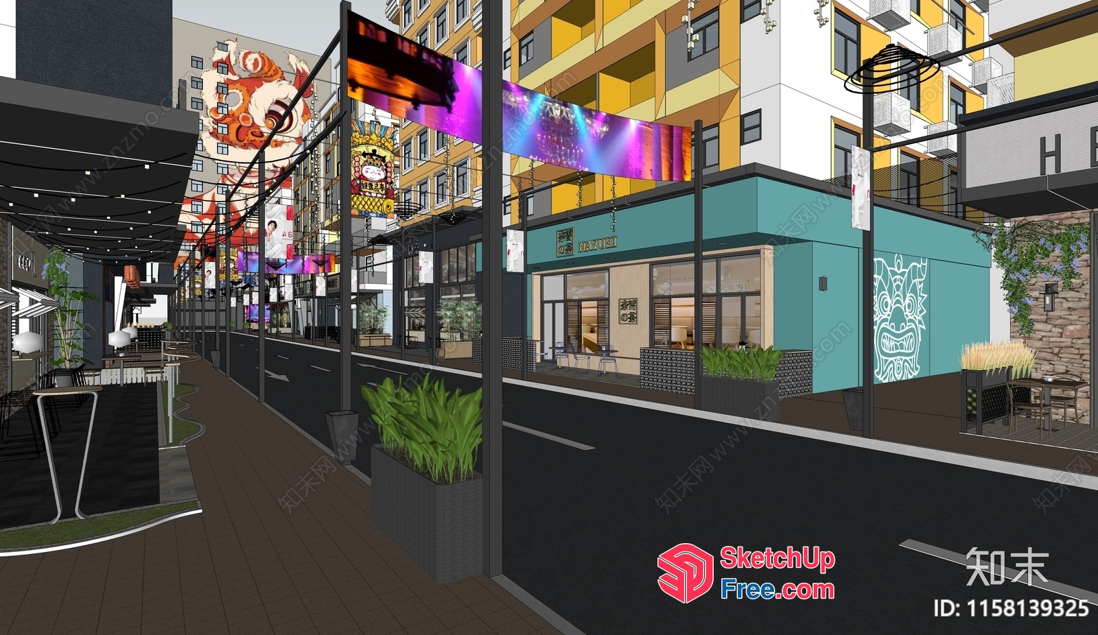 Modern Commercial Street With Vibrant Street Art 3D SketchUp File