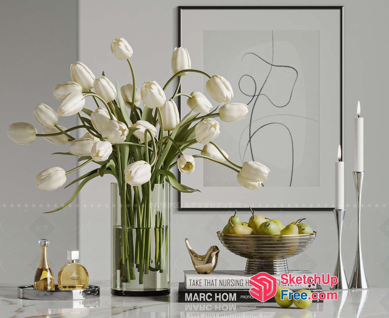 Elegant White Tulips And Fruit Display 3D SketchUp File