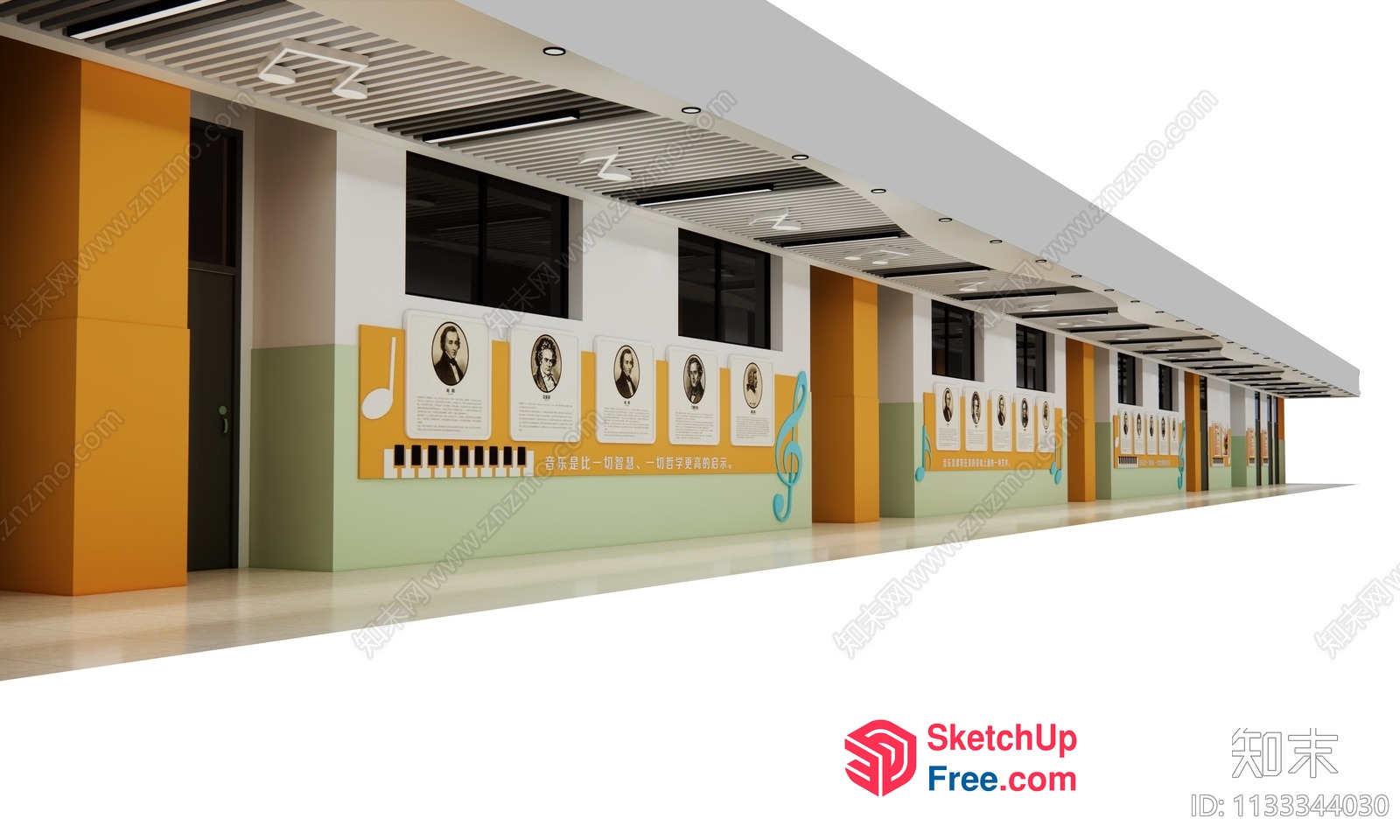 Long Hallway With Pillars And Wall Decor 3D SketchUp File
