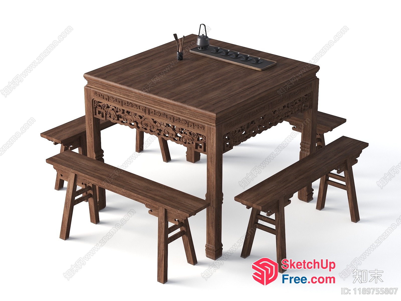Traditional Chinese-Inspired Dining Set With Ornate Carvings 3D SketchUp File