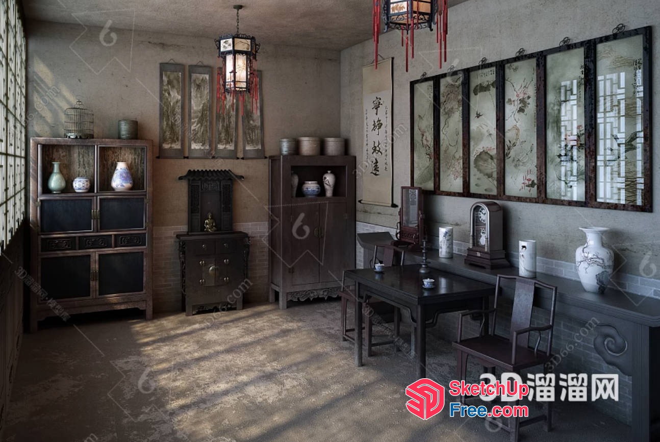 Traditional Asian-Style Room With Ornate Decorations 3D SketchUp File