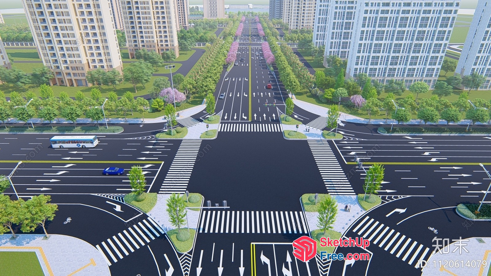 Urban Crossroads Intersection With Pedestrian Crossings 3D SketchUp File