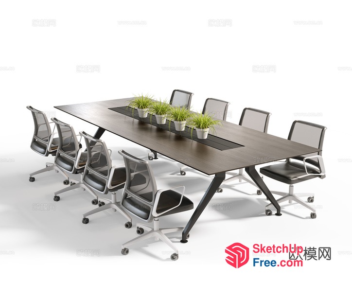 Modern Office Meeting Table With Potted Plants 3D SketchUp File