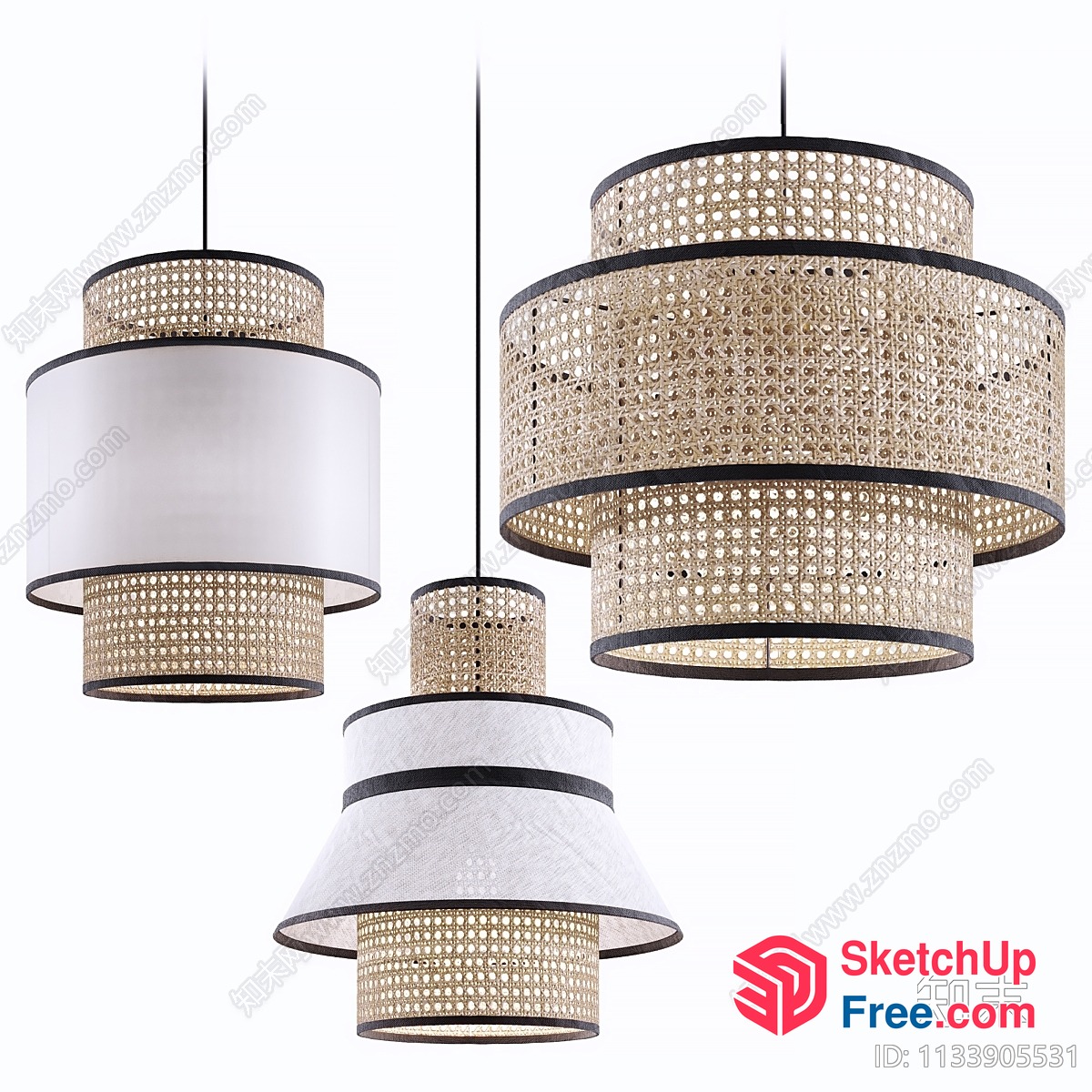 Elegant Hanging Lamps With Rattan And Fabric Details 3D SketchUp File