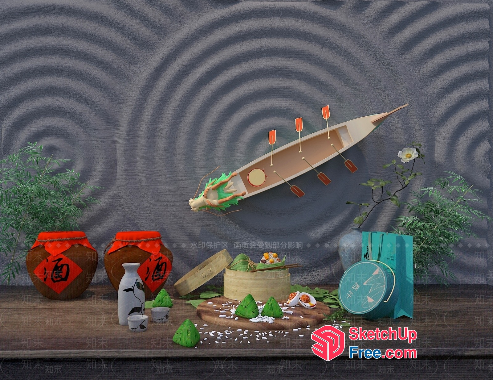 Traditional Asian-Inspired Decorative Scene With Dragon Boat 3D SketchUp File