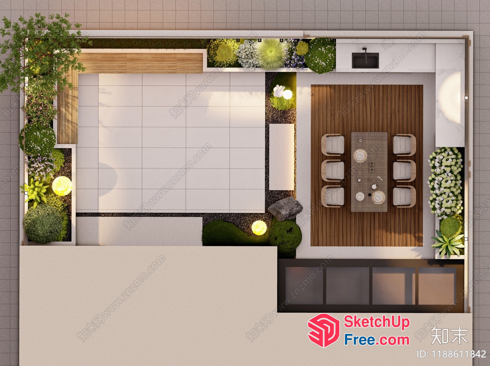 Modern Outdoor Space With Dining Table And Decorative Elements 3D SketchUp File