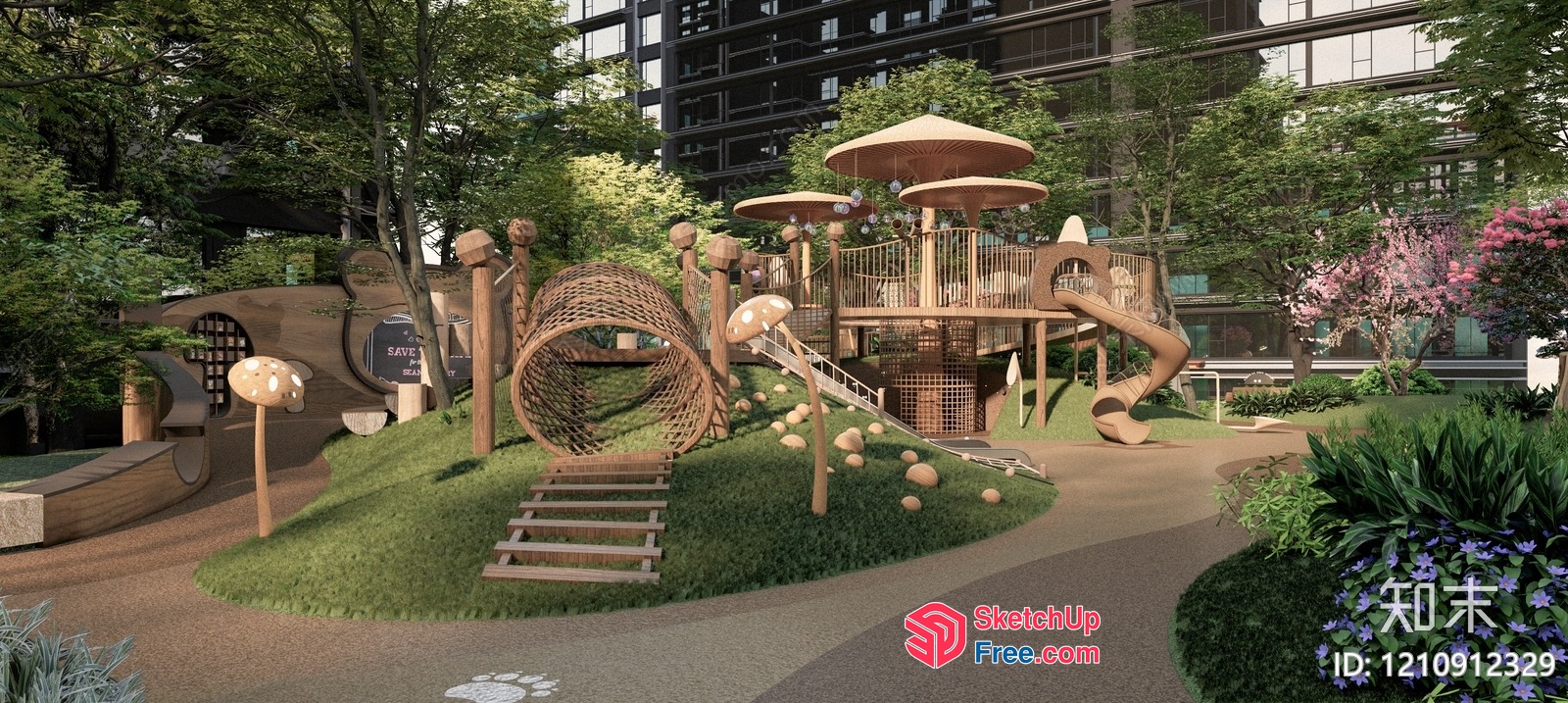 Modern Outdoor Playground With Unique Mushroom-Shaped Climbing Structures 3D SketchUp File