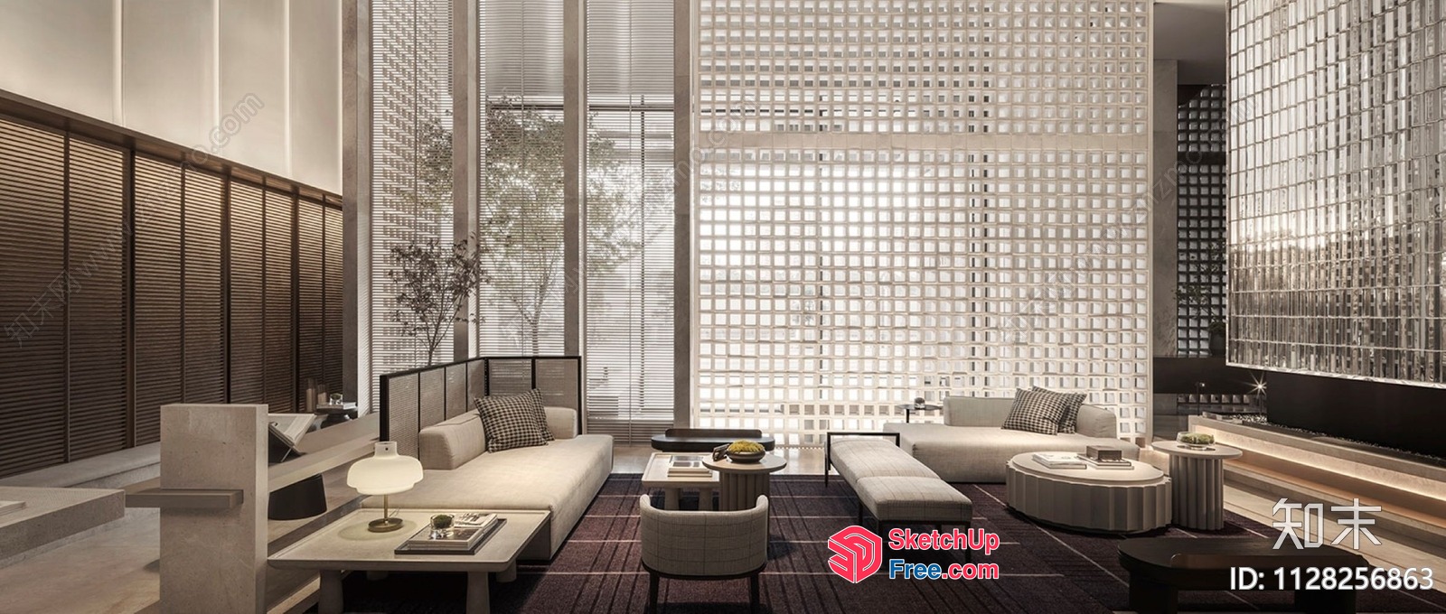 Luxurious Modern Minimalist Living Room With Glass Brick Walls 3D SketchUp File