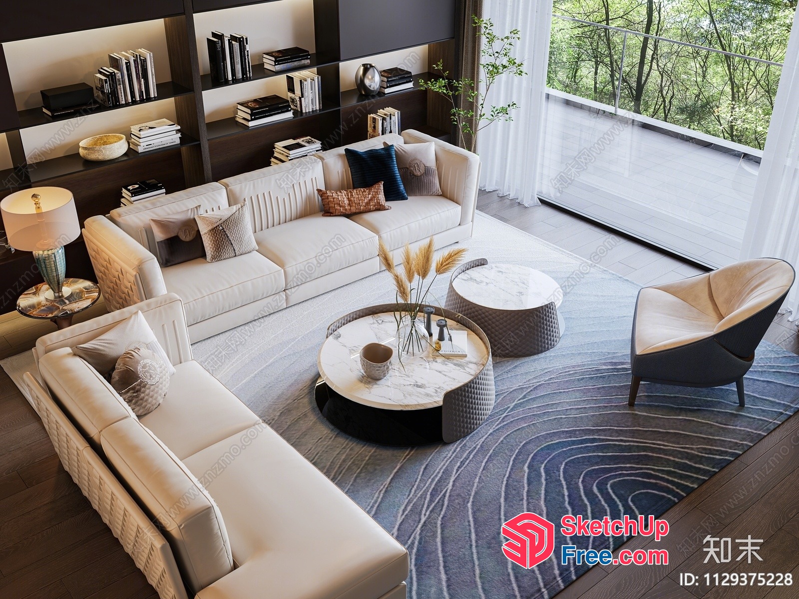 Elegant Living Room With White Sofa And Marble Coffee Table 3D SketchUp File