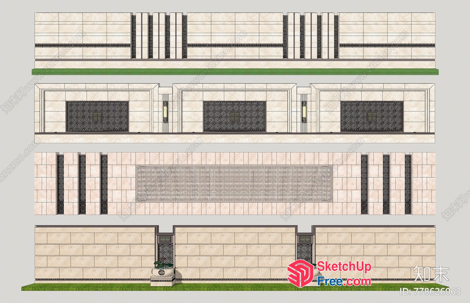 Exterior Building Facade With Decorative Wall Elements 3D SketchUp File
