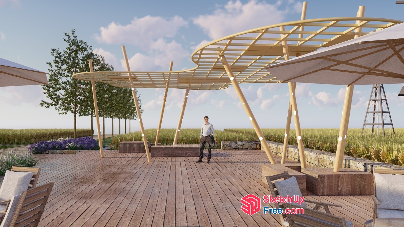 Outdoor Pavilion With Wooden Deck And Pergola 3D SketchUp File