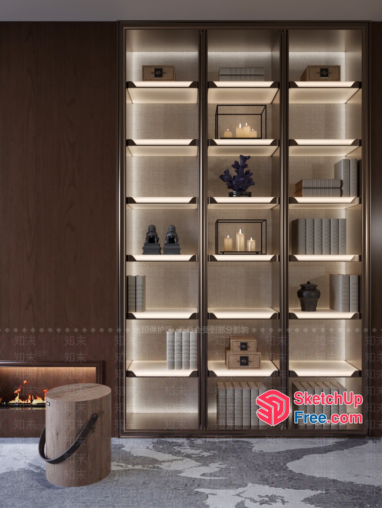 Elegant Shelving Unit With Decorative Items And Fireplace 3D SketchUp File