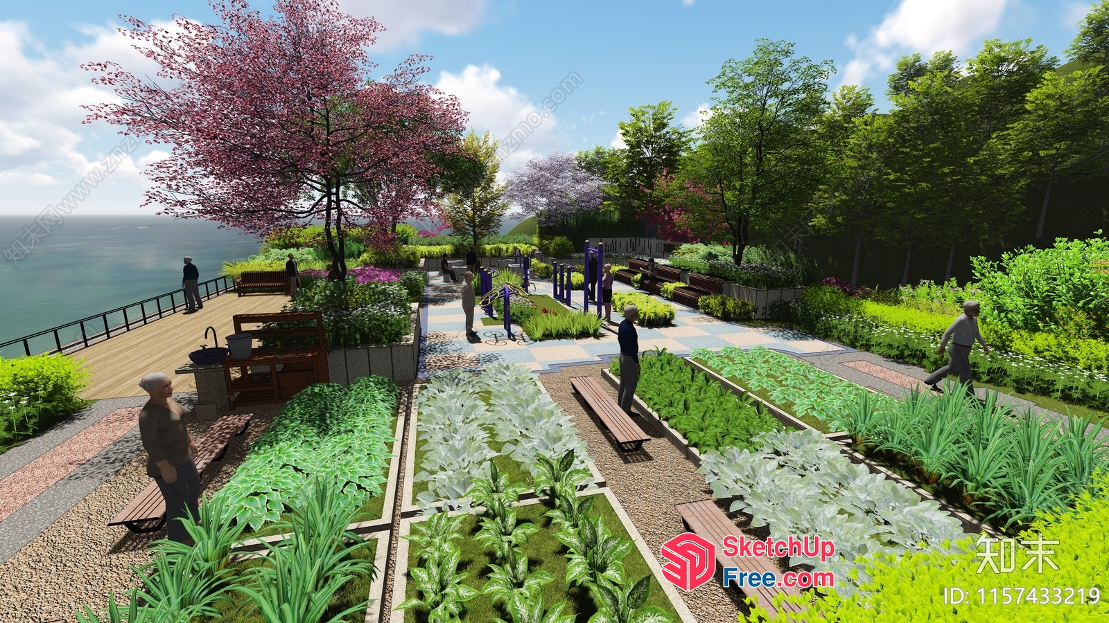 Outdoor Seating Area With Garden And Water View 3D SketchUp File