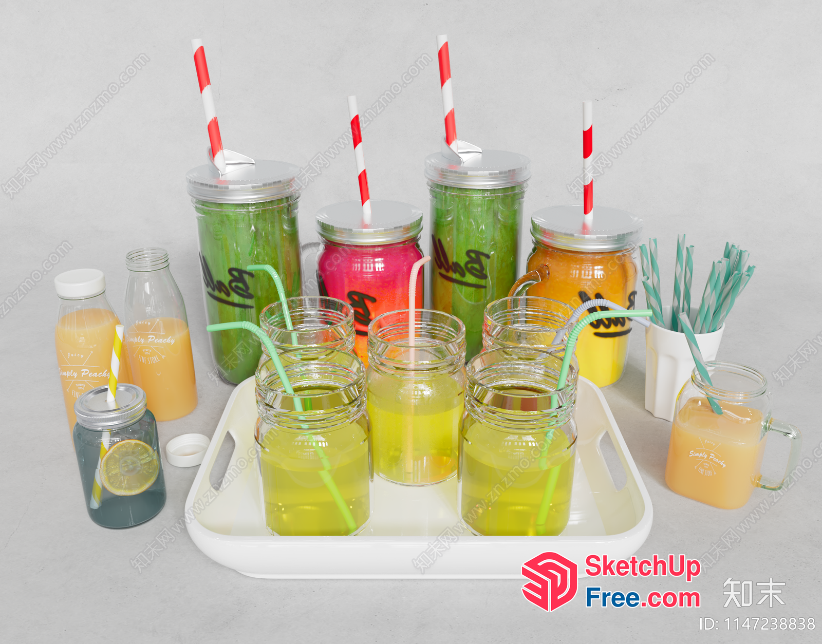 Colorful Drinks In Mason Jars With Straws 3D SketchUp File