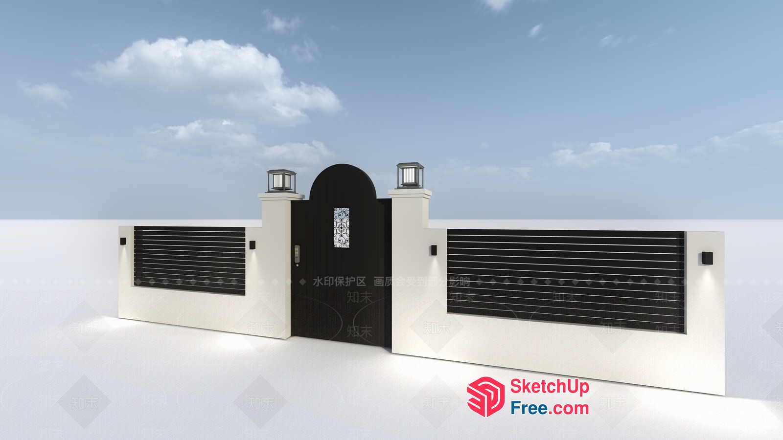 Elegant White Gate With Black Accents And Lanterns 3D SketchUp File