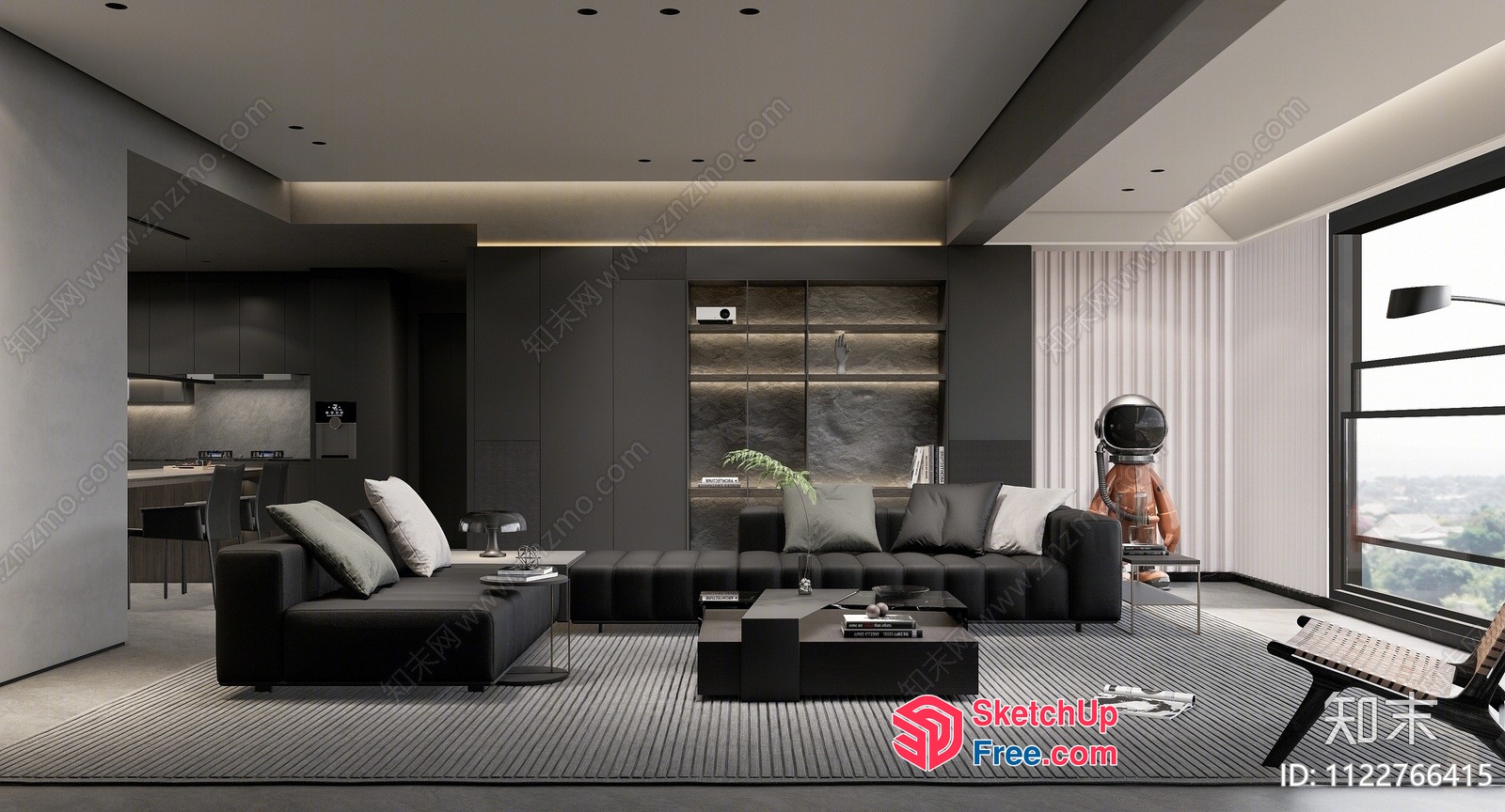 Modern Minimalist Living Room With Large Window And City View 3D SketchUp File