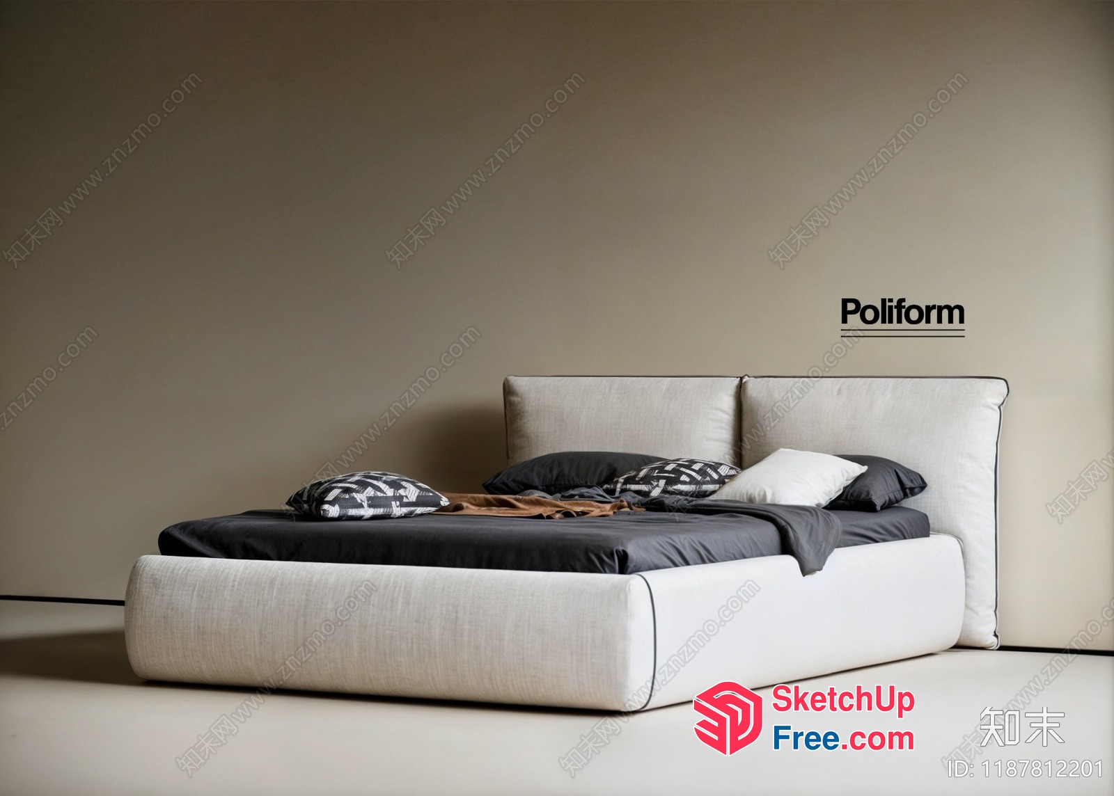 Modern Bed With Creamy Style Upholstery And Pillows 3D SketchUp File