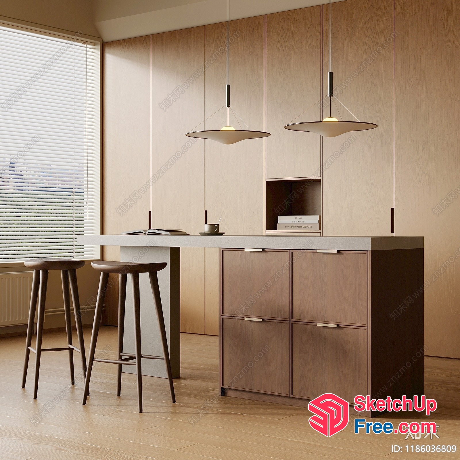 Modern Minimalist Kitchen Island With Stools And Pendant Lights 3D SketchUp File