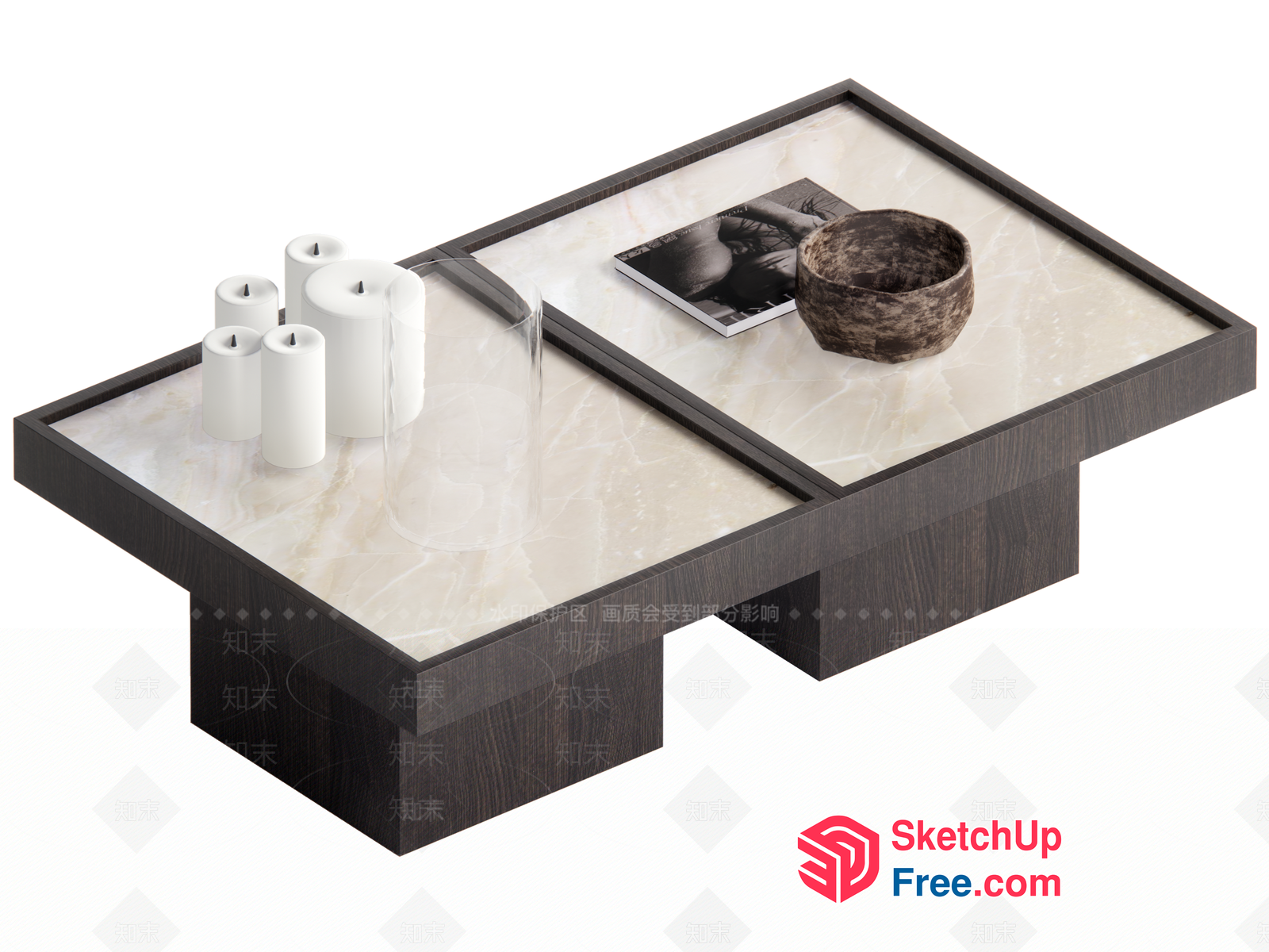 Modern Brown Coffee Table With Marble Top And Candle Decor 3D SketchUp File