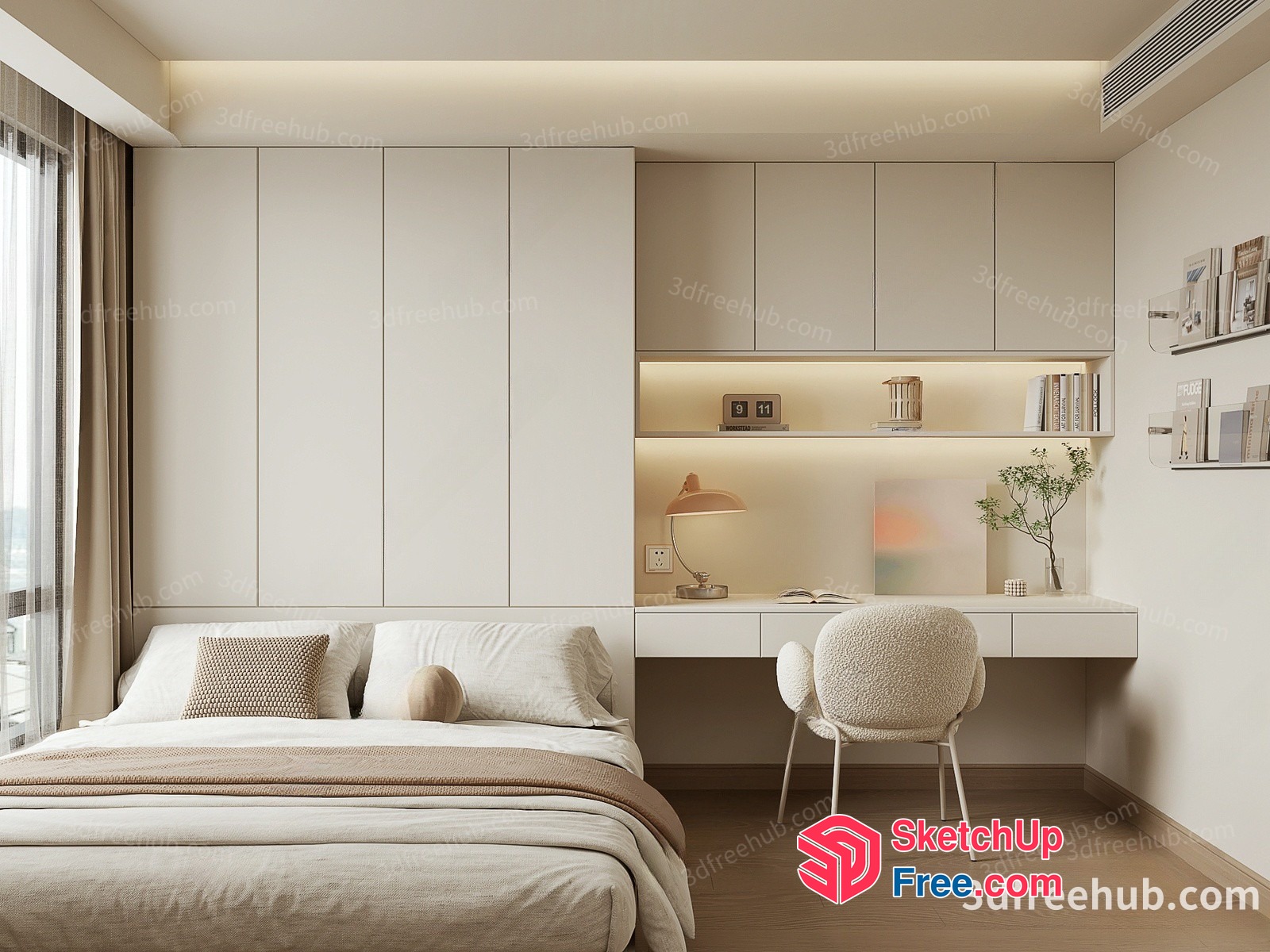 Minimalist Bedroom With Built-In Desk And Shelving 3D SketchUp File