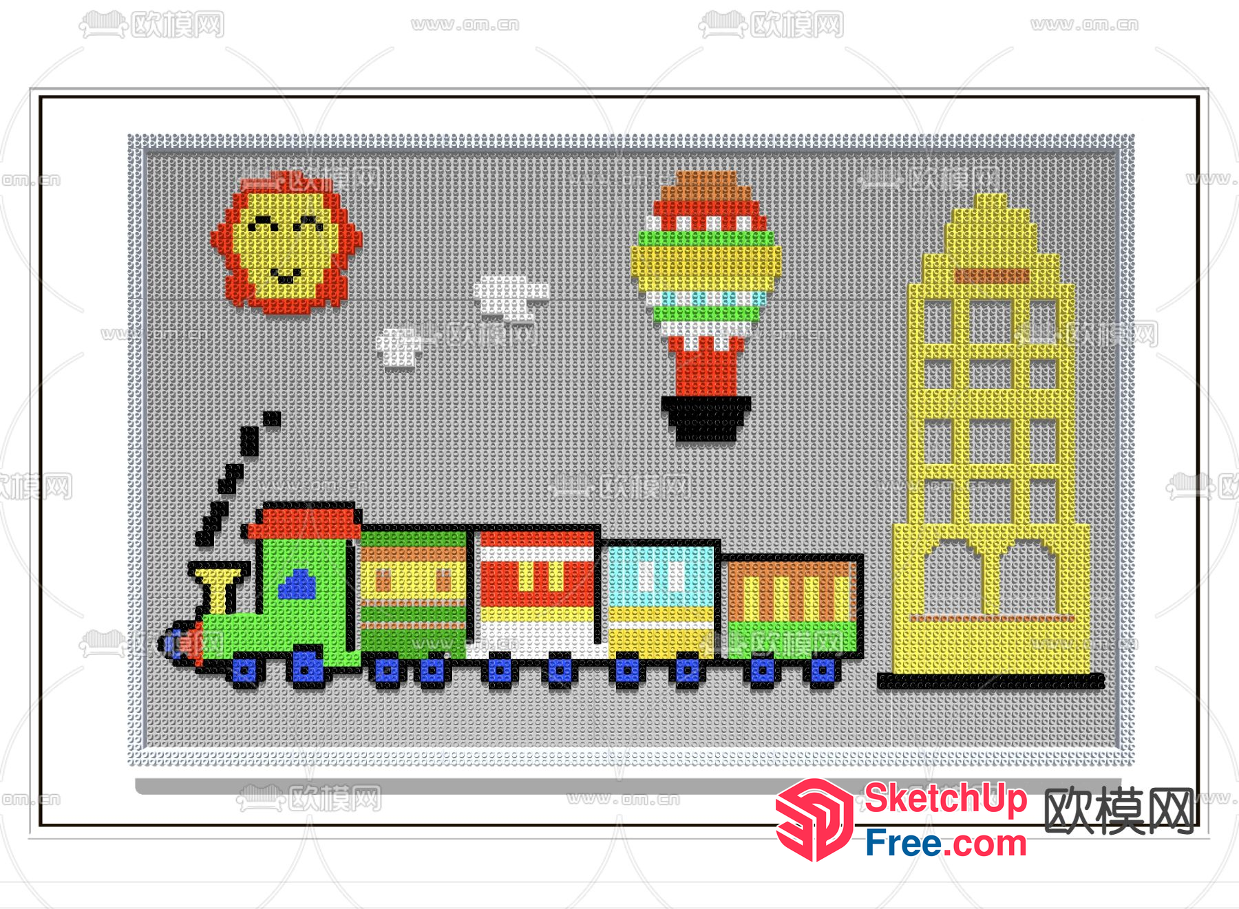 Cross-Stitched Train And Hot Air Balloon Scene 3D SketchUp File