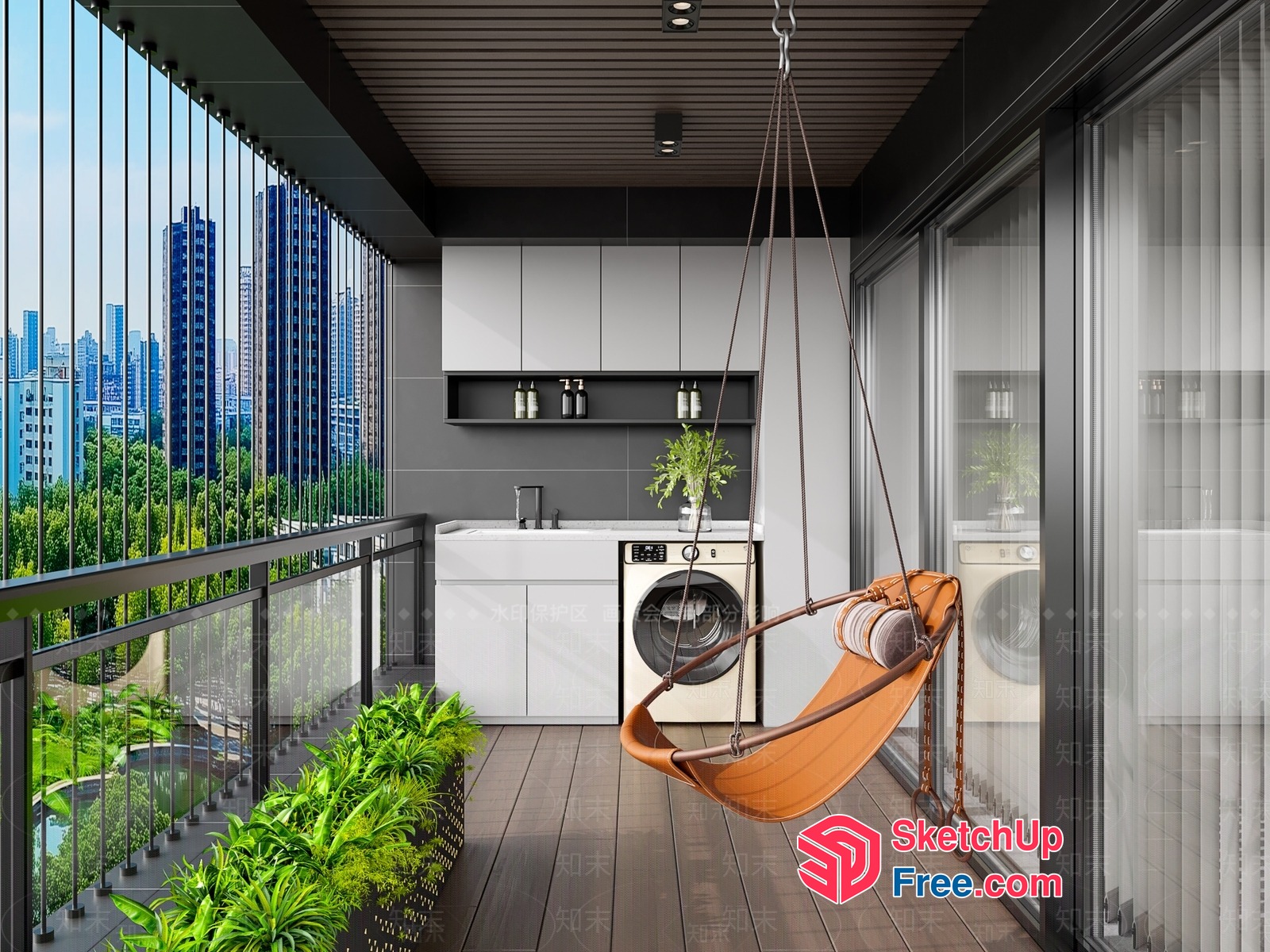 Modern Balcony With Hammock Swing And City View 3D SketchUp File