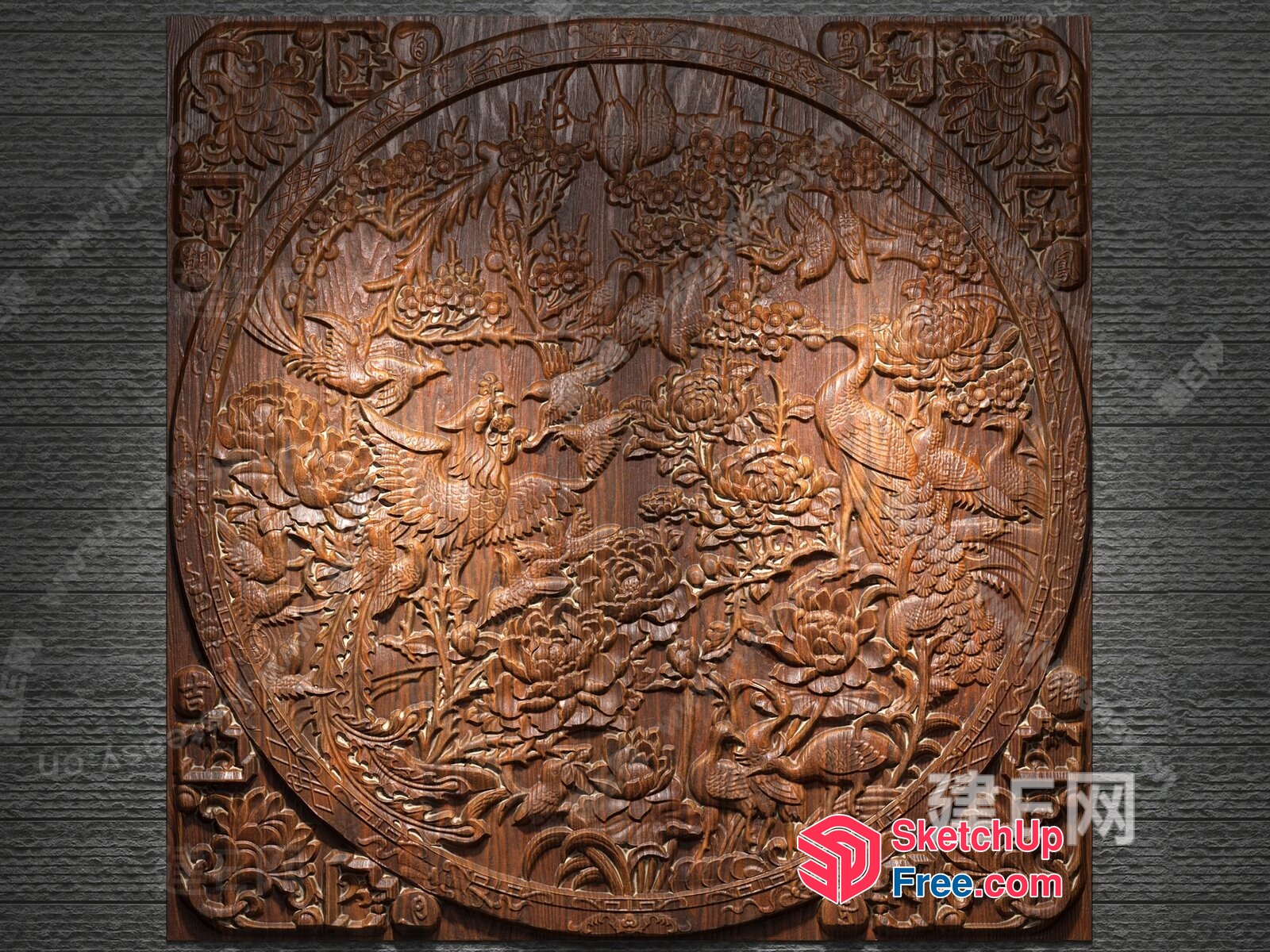 Intricate Carved Wooden Panel With Birds And Flowers 3D SketchUp File