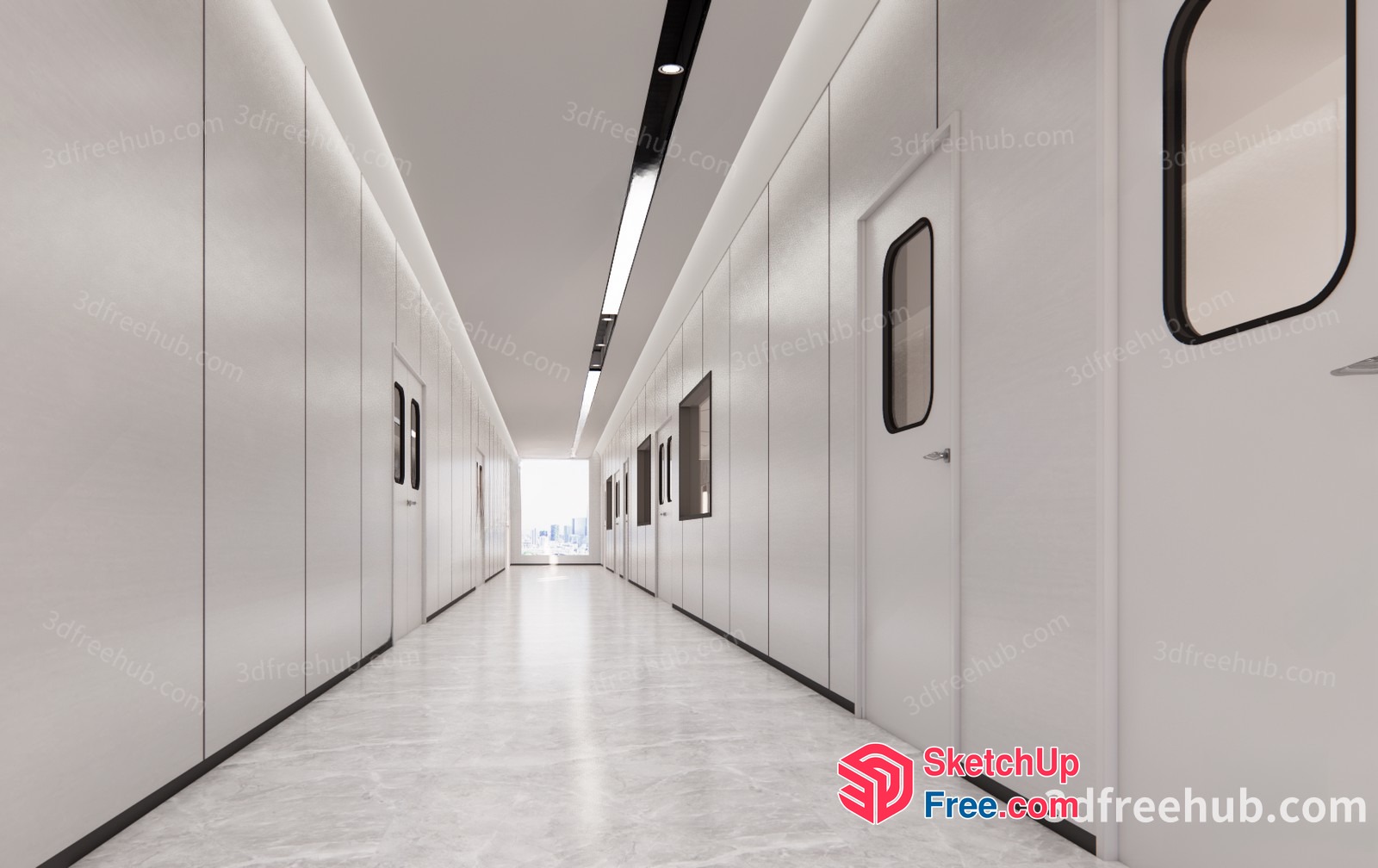 Long White Hallway With Doors And Windows 3D SketchUp File
