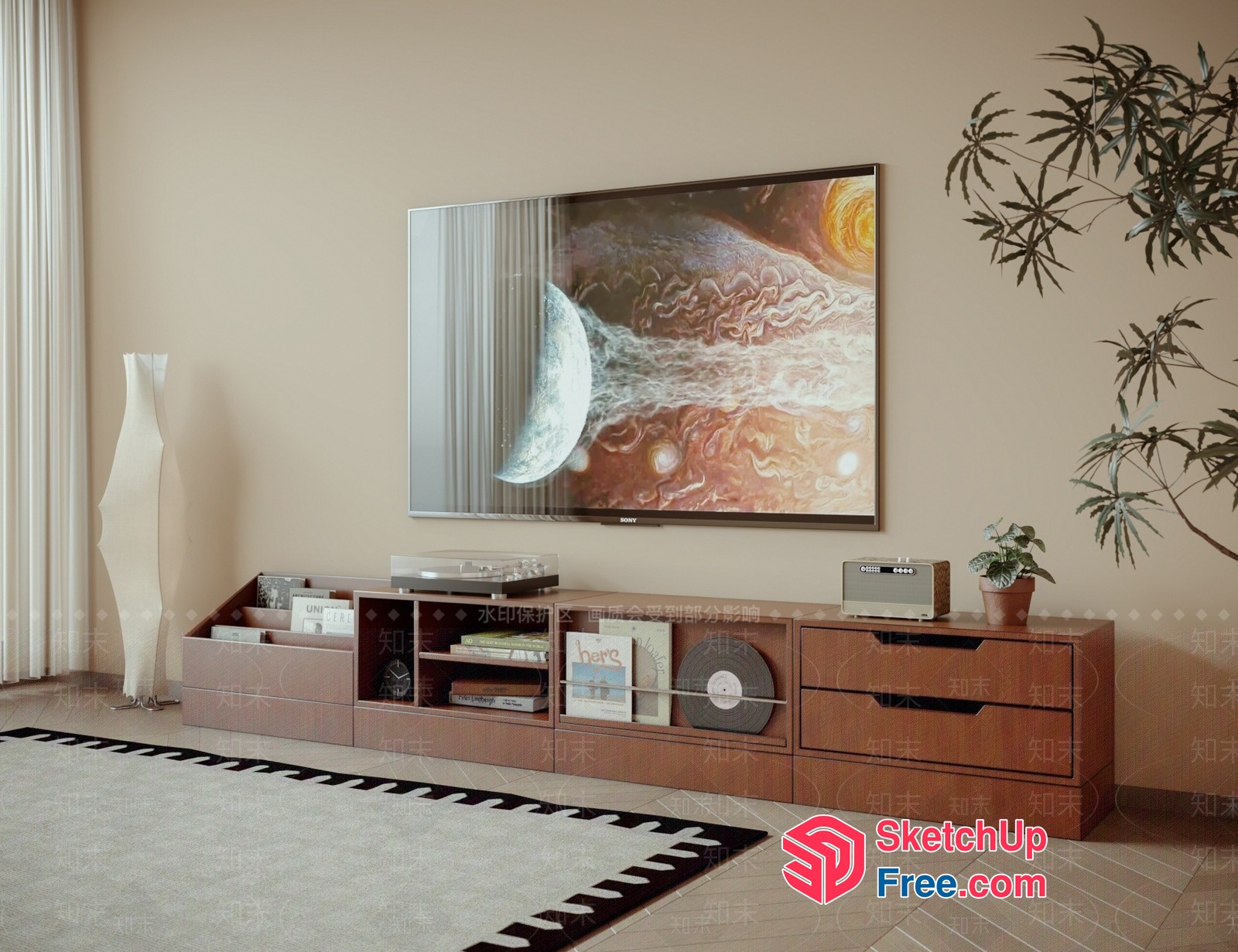 Modern Living Room With Record Player And Large Tv 3D SketchUp File
