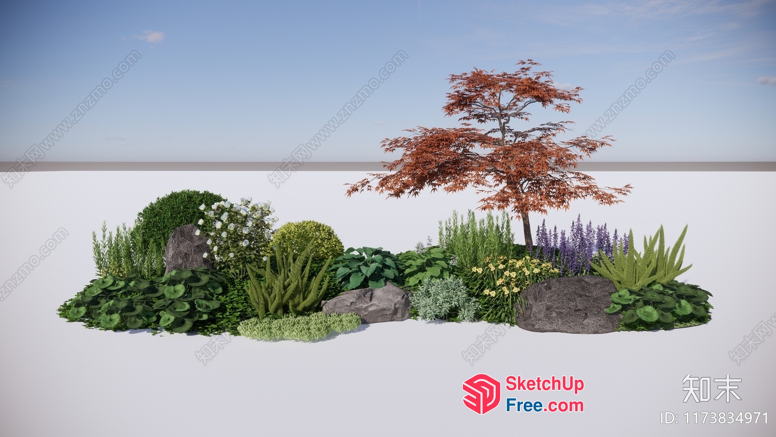 Japanese Style Garden Scene With Pond And Trees 3D SketchUp File