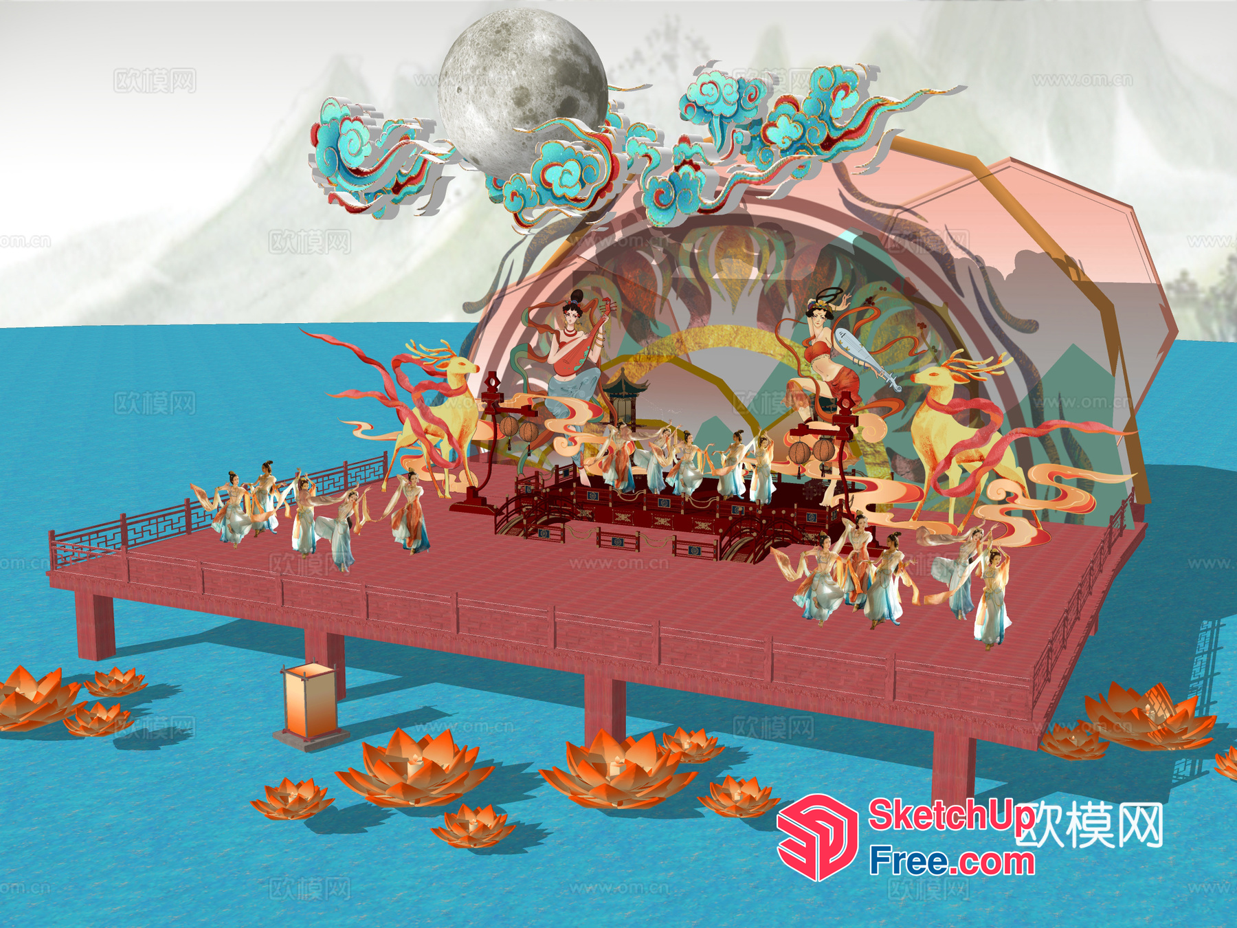 Asian-Inspired Stage Decor With Characters And Animals 3D SketchUp File