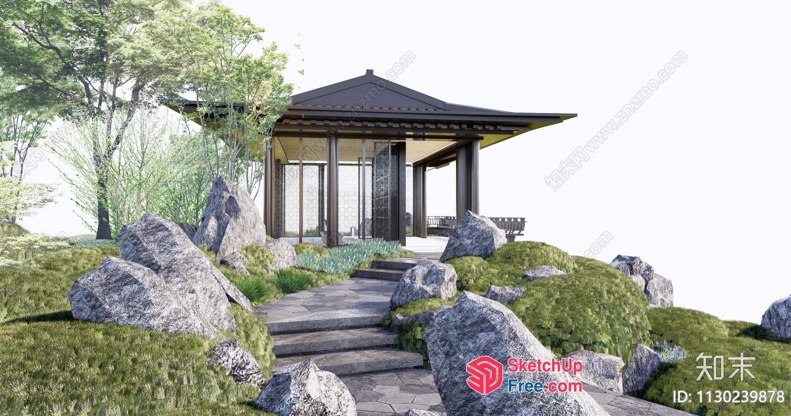 Serene Japanese Villa With Lush Greenery And Stone Pathway 3D SketchUp File